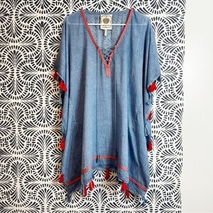 Z&L Sheer Cotton Boho Tassel Embroidered Swim Cover Top FLAWS